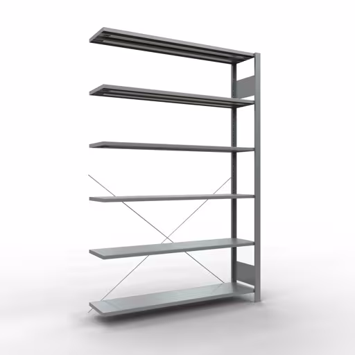 Anbauregal, Büro-Fachbodenregal Stecksystem MULTIplus85, 2000 x 1300 x 300 mm (HxBxT), 6 Fachböden, Kreuzstrebe, verzinkt, ohne Anschlagleiste aus der Kategorie Stecksystem mit der Artikelnummer 17729