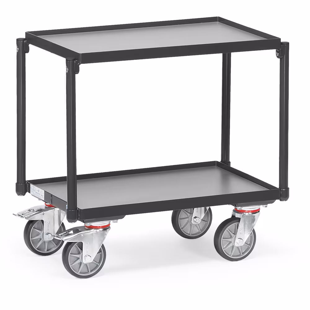 Etagenroller -2 Etagen mit Rand- beide Rahmen mit Böden aus Holzwerkstoffplatte, Oberfläche mittelgrau von der Marke Fetra aus der Produktreihe Transportsysteme