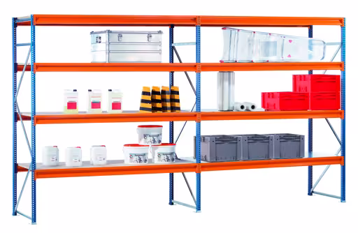 Anbauregal, Weitspannregal mit Stahlpaneelen W 100, 2500 x 2140 x 1000 mm, blau/orange/verzinkt, 4 Ebenen, Fachlast 899 kg aus der Kategorie W100 für Fachlasten bis 1050kg mit der Artikelnummer 19632