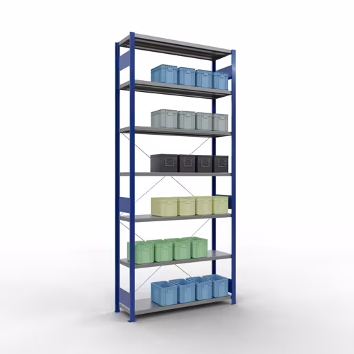 Produktbild Nr 13 des Artikels Grundregal, Fachbodenregal Stecksystem MULTIplus250, 3000 x 1300 x 400 mm (HxBxT), 7 Fachböden, Kreuzstrebe, RAL 5010 enzianblau/verzinkt Abbildung Nr 13 des Artikels Grundregal, Fachbodenregal Stecksystem MULTIplus250, 3000 x 1300 x 400 mm (HxBxT), 7 Fachböden, Kreuzstrebe, RAL 5010 enzianblau/verzinkt aus der Produktgruppe Stecksystem von der Marke Schulte Lagertechnik