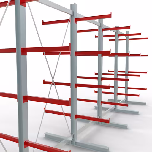 Abbildung Nr 7 des Artikels K 6000 Komplettregal, doppelseitig, 3000 x 2x 7500 x 2x 750 mm, RAL 7001 / RAL 3000, 5 Lagerebenen aus der Produktgruppe Kragarmregale von der Marke Schulte Lagertechnik