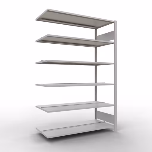 Anbauregal, Büro-Fachbodenregal Stecksystem MULTIplus150, 2000 x 1300 x 600 mm (HxBxT), 6 Fachböden, Längenriegel, mit Mittelanschlag, lichtgrau aus der Kategorie Stecksystem mit der Artikelnummer 36047