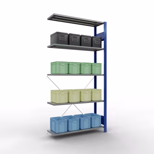 Abbildung Nr 10 des Artikels Anbauregal, Fachbodenregal Stecksystem MULTIplus85, 2000 x 1000 x 300 mm (HxBxT), 5 Fachböden, Kreuzstrebe, RAL 5010 enzianblau aus der Produktgruppe Stecksystem von der Marke Schulte Lagertechnik