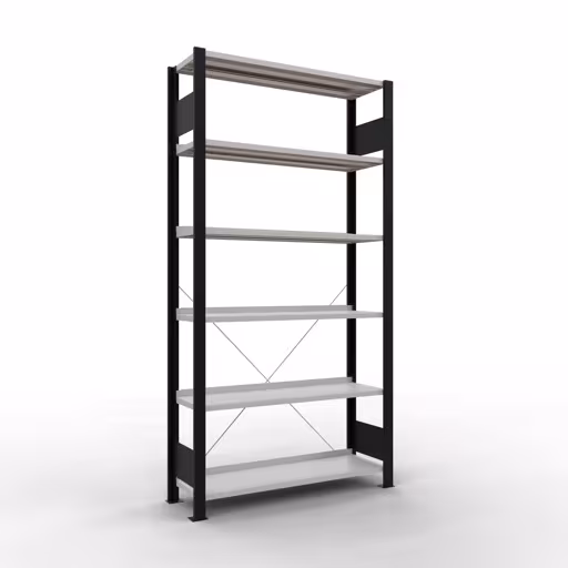 Grundregal, Büro-Fachbodenregal Stecksystem MULTIplus85, 2000 x 1000 x 300 mm (HxBxT), 6 Fachböden, Kreuzstrebe, mit Anschlagleiste, schwarz/lichtgrau aus der Kategorie Stecksystem mit der Artikelnummer 36007-S