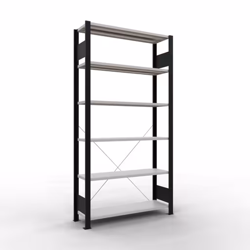 Grundregal, Büro-Fachbodenregal Stecksystem MULTIplus85, 2000 x 1000 x 300 mm (HxBxT), 6 Fachböden, Kreuzstrebe, ohne Anschlagleiste, schwarz/lichtgrau aus der Kategorie Stecksystem mit der Artikelnummer 36025-S