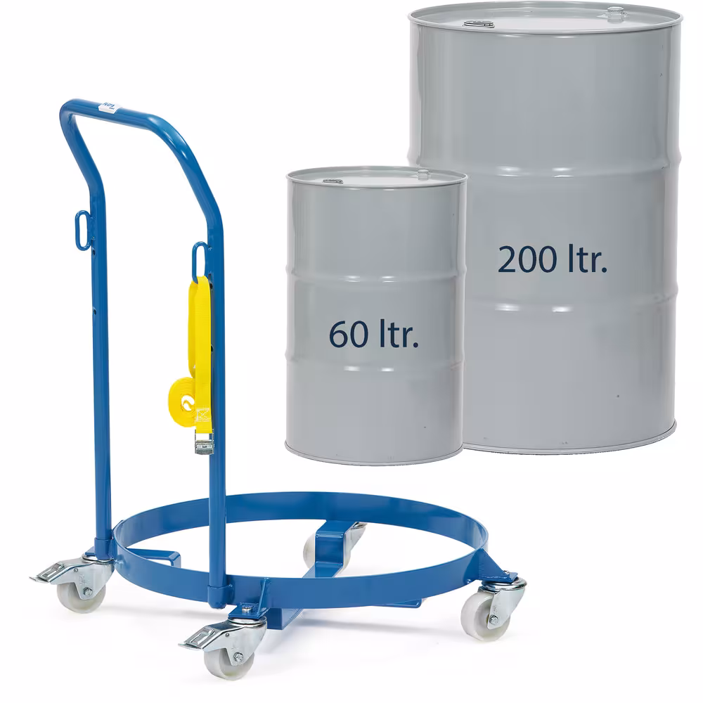 Fassroller 13600 mit Schiebebügel  für stehenden Transport von Stahlblechfässern mit 60 oder 200 Litern Inhalt von Fetra mit der Artikelnr. 13600