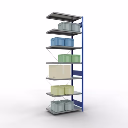 Andere Ansicht des Artikels Anbauregal, Fachbodenregal Stecksystem MULTIplus250, 3000 x 1000 x 600 mm (HxBxT), 7 Fachböden, Kreuzstrebe, RAL 5010 enzianblau/verzinkt Andere Ansicht des Artikels Anbauregal, Fachbodenregal Stecksystem MULTIplus250, 3000 x 1000 x 600 mm (HxBxT), 7 Fachböden, Kreuzstrebe, RAL 5010 enzianblau/verzinkt aus der Kategorie Stecksystem