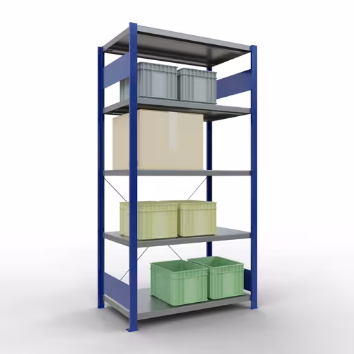 Produktbild Nr 13 des Artikels Grundregal, Fachbodenregal Stecksystem MULTIplus330, 2000 x 1000 x 600 mm (HxBxT), 5 Fachböden, Kreuzstrebe, RAL 5010 enzianblau/verzinkt Abbildung Nr 13 des Artikels Grundregal, Fachbodenregal Stecksystem MULTIplus330, 2000 x 1000 x 600 mm (HxBxT), 5 Fachböden, Kreuzstrebe, RAL 5010 enzianblau/verzinkt aus der Produktgruppe Stecksystem von der Marke Schulte Lagertechnik