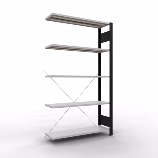 Anbauregal, Büro-Fachbodenregal Stecksystem MULTIplus85, 1800 x 1000 x 300 mm (HxBxT), 5 Fachböden, Kreuzstrebe, ohne Anschlagleiste, schwarz/lichtgrau von der Marke Schulte Lagertechnik aus der Produktreihe Büroregale