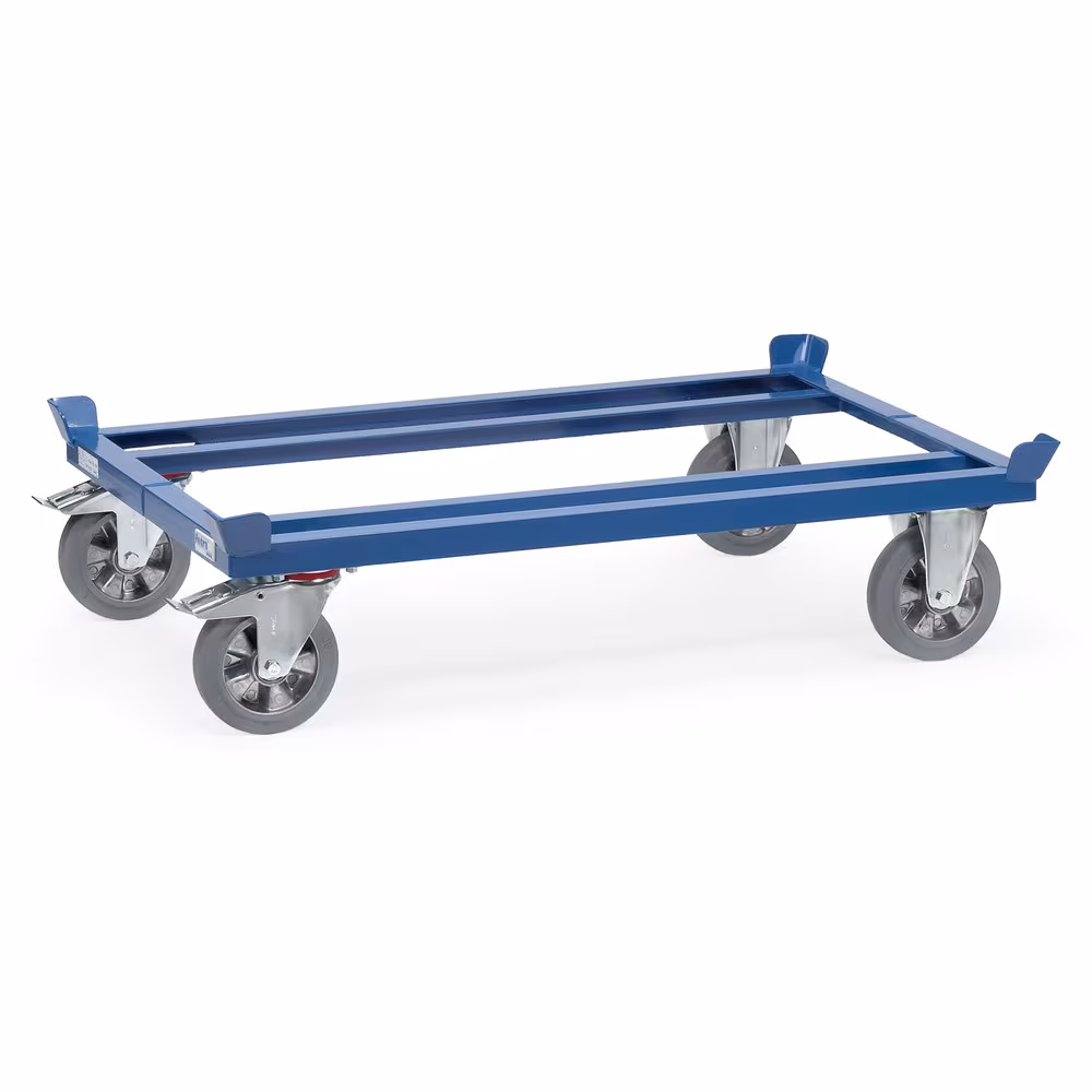 Paletten-Fahrgestell - für Flachpaletten und Gitterboxen, robuste Winkelstahl-Schweißkonstruktion, mit 4 Fangecken, pulverbeschichtet, blau RAL 5007 Typ Ladeflächenbreite: 610 mm aus der Kategorie Paletten-Fahrgestelle mit der Artikelnr. 22809