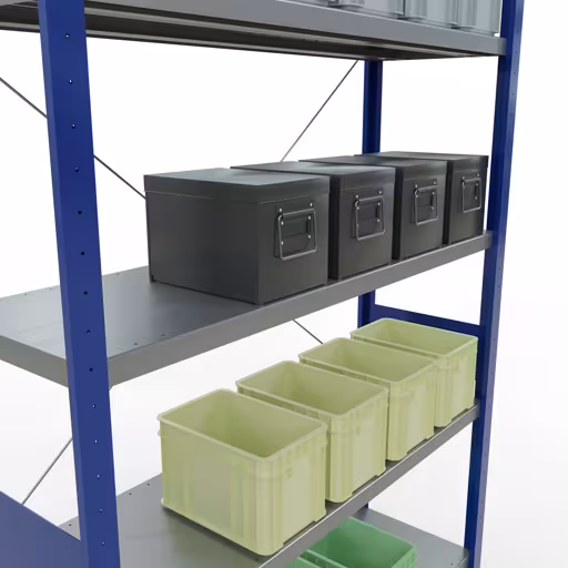 Produktbild Nr 14 des Artikels Grundregal, Fachbodenregal Stecksystem MULTIplus250, 3000 x 1300 x 400 mm (HxBxT), 7 Fachböden, Kreuzstrebe, RAL 5010 enzianblau/verzinkt Abbildung Nr 14 des Artikels Grundregal, Fachbodenregal Stecksystem MULTIplus250, 3000 x 1300 x 400 mm (HxBxT), 7 Fachböden, Kreuzstrebe, RAL 5010 enzianblau/verzinkt aus der Produktgruppe Stecksystem von der Marke Schulte Lagertechnik