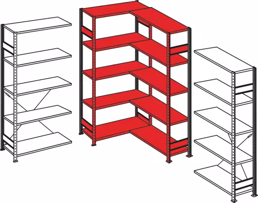 Eckregal (Felder A + B) 2000 x 1000 x 500, 2x5 Fachböden, Längenriegel, verzinkt mit der GTIN 4004514241214 Eckregal (Felder A + B) 2000 x 1000 x 500, 2x5 Fachböden, Längenriegel, verzinkt von Schulte Lagertechnik mit der Artikelnr. 12750-ECK