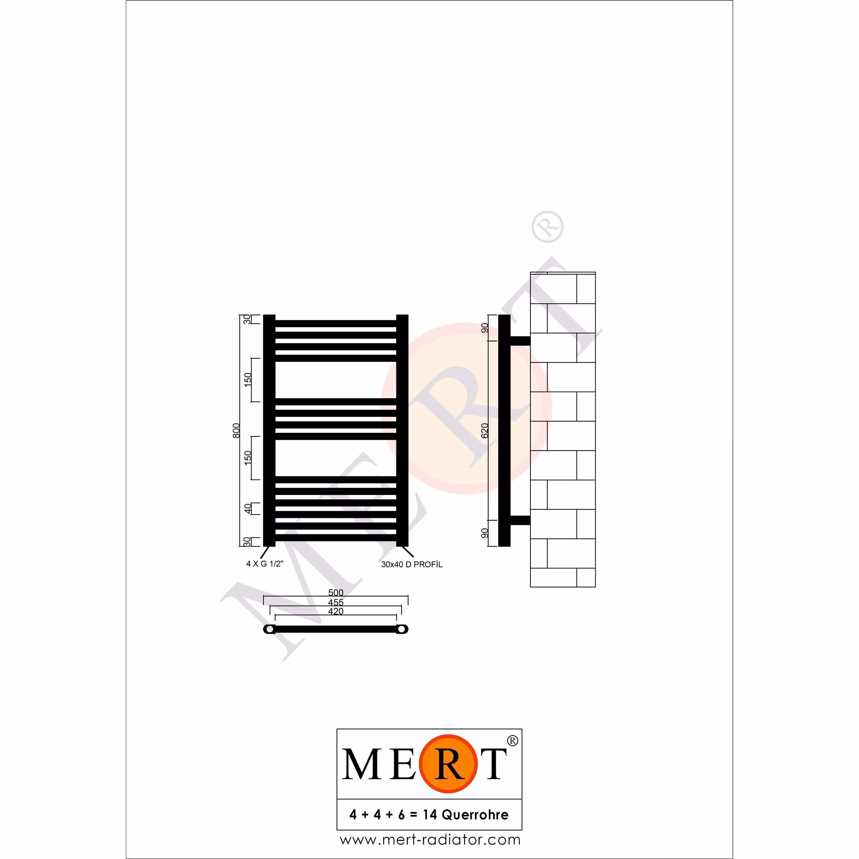 Ohne Text 3841905 MERT Austausch Badheizkörper S, weiß gerade, 500x800mm, Standard re/li Anschluss