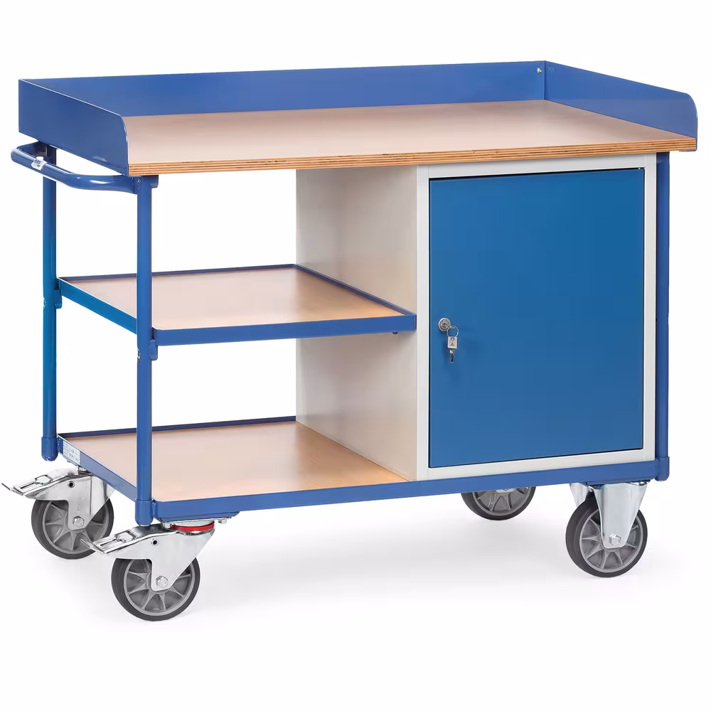 Werkstattwagen 2435 Profilstahl-/Stahlrohrkonstruktion, pulverbeschichtet RAL 5007, Arbeitsplatte aus Buchensperrholz, 22 mm stark von Fetra mit der Artikelnr. 2435