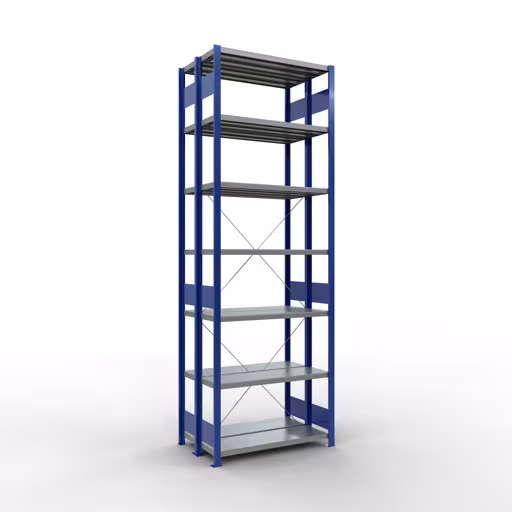 Grundregal, Doppelregal, Fachbodenregal Stecksystem MULTIplus250, 3000 x 1000 x (2x300) mm (HxBxT), 2x7 Fachböden, Kreuzstrebe, enzianblau von der Marke Schulte Lagertechnik Grundregal, Doppelregal, Fachbodenregal Stecksystem MULTIplus250, 3000 x 1000 x (2x300) mm (HxBxT), 2x7 Fachböden, Kreuzstrebe, enzianblau aus der Kategorie Doppelregale mit der Artikelnummer 32132-G-B