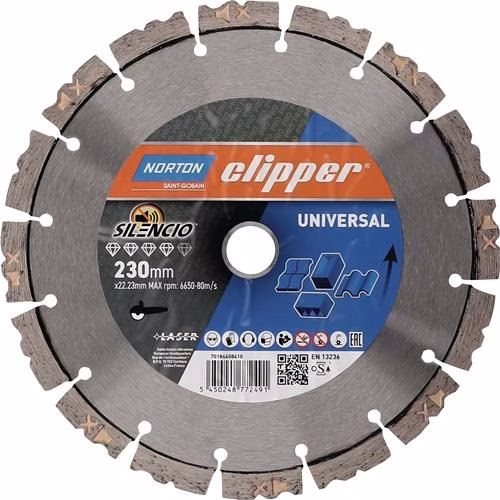 Diamanttrennscheibe Pro Universal Silencio Durchmesser 230 mm Bohrung 22,23 mm Segmentbreite 2,6 mm NORTON CLIPPER von der Marke Norton Clipper Diamanttrennscheibe Pro Universal Silencio Segmenthöhe 12 mm NORTON CLIPPER aus der Kategorie Trennscheiben mit der Teilenummer 4206758087