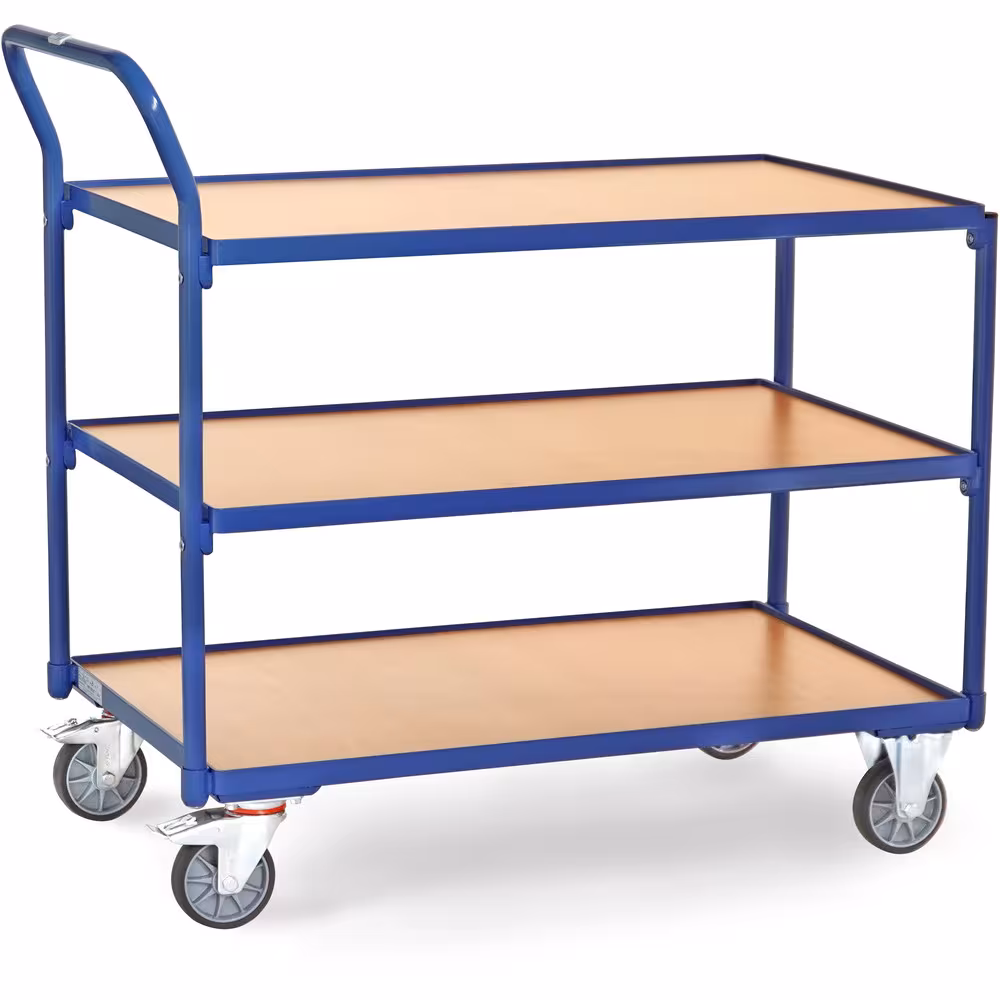 Tischwagen 2750 Breite 500 mm, Länge 850 mm aus der Kategorie Tischwagen mit der GTIN 4017976027500 Tischwagen 300 kg 3 Etagen aus Stahlrohr und Profilstahl geschweißt, pulverbeschichtet brillantblau RAL 5007m, Schraubkonstruktion von der Marke Fetra aus der Kategorie Tischwagen