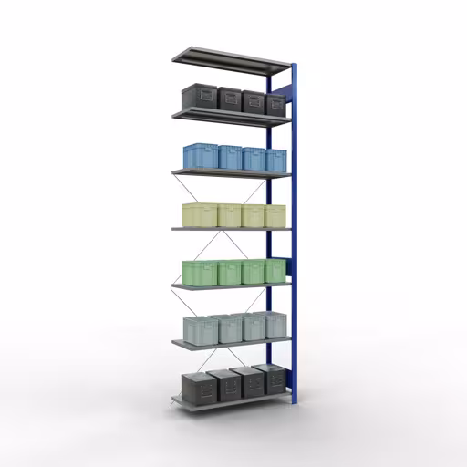 Anbauregal, Fachbodenregal Stecksystem MULTIplus150, 3000 x 1000 x 400 mm (HxBxT), 7 Fachböden, Kreuzstrebe, RAL 5010/verzinkt mit der GTIN 4004514280282 Anbauregal, Fachbodenregal Stecksystem MULTIplus150, 3000 x 1000 x 400 mm (HxBxT), 7 Fachböden, Kreuzstrebe, RAL 5010/verzinkt von Schulte Lagertechnik mit der Artikelnr. 12747-B