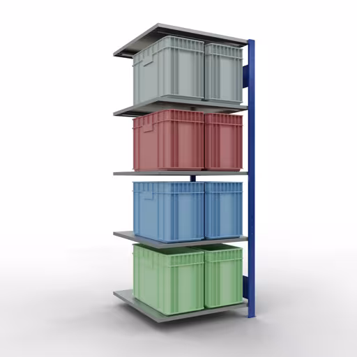 Andere Ansicht des Artikels Anbauregal, Fachbodenregal Stecksystem MULTIplus150, 2000 x 750 x 800 mm (HxBxT), 5 Fachböden, Längenriegel, RAL 5010 enzianblau/verzinkt/verzinkt aus der Kategorie Anbauregal