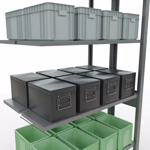 Zusatzbild des Artikels Anbauregal, Doppelregal, Fachbodenregal Stecksystem MULTIplus150, 2500 x 1000 x (2x300) mm (HxBxT), 2x6 Fachböden, Kreuzstrebe, verzinkt aus Doppelregale