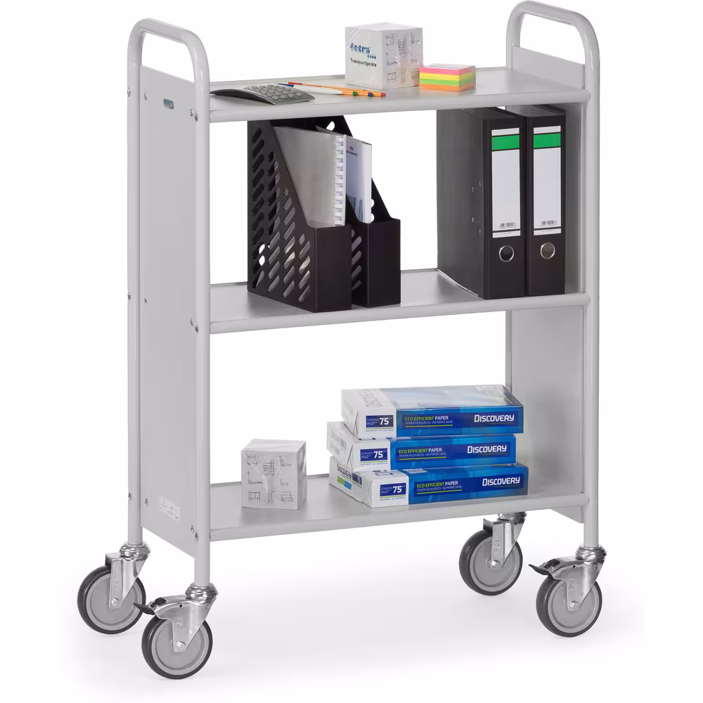 Bürowagen 4870 verschraubte Stahlrohr-Konstruktion, pulverbeschichtet in lichtgrau RAL 7035, Böden und Seitenwände aus Holzwerkstoffplatten mit der Artikelnr. 4870 Bürowagen 4870 verschraubte Stahlrohr-Konstruktion, pulverbeschichtet in lichtgrau RAL 7035, Böden und Seitenwände aus Holzwerkstoffplatten von Fetra aus der Kategorie Transportsysteme