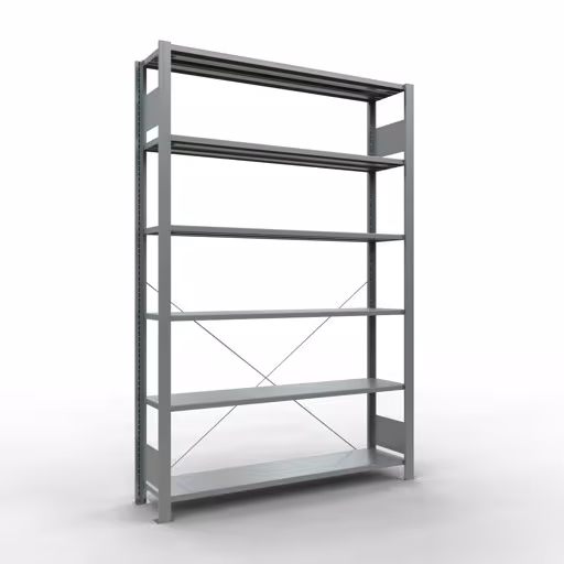 Grundregal, Büro-Fachbodenregal Stecksystem MULTIplus85, 2000 x 1300 x 300 mm (HxBxT), 6 Fachböden, Kreuzstrebe, verzinkt, ohne Anschlagleiste aus der Kategorie Stecksystem mit der Artikelnummer 17726