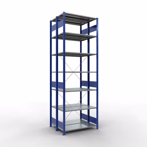 Grundregal, Doppelregal, Fachbodenregal Stecksystem MULTIplus150, 3000 x 1000 x (2x800) mm (HxBxT), 2x7 Fachböden, Kreuzstrebe, RAL 5010 enzianblau aus der Kategorie Doppelregale mit der Artikelnummer 32742-B