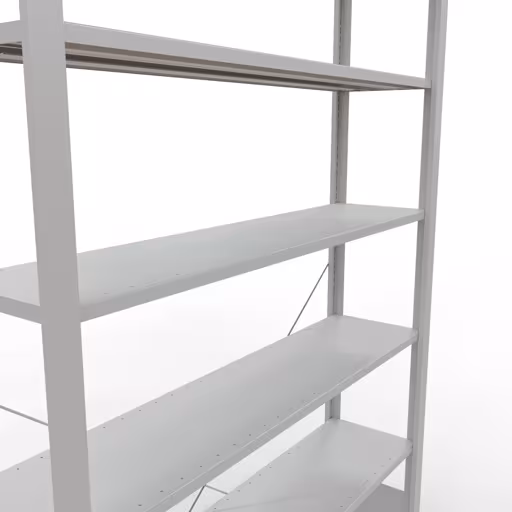 Produktbild Nr 12 des Artikels Grundregal, Büro-Fachbodenregal Stecksystem MULTIplus85, 2300 x 1300 x 300 mm (HxBxT), 7 Fachböden, Kreuzstrebe, ohne Anschlagleiste, lichtgrau Abbildung Nr 12 des Artikels Grundregal, Büro-Fachbodenregal Stecksystem MULTIplus85, 2300 x 1300 x 300 mm (HxBxT), 7 Fachböden, Kreuzstrebe, ohne Anschlagleiste, lichtgrau aus der Produktgruppe Büroregale von der Marke Schulte Lagertechnik