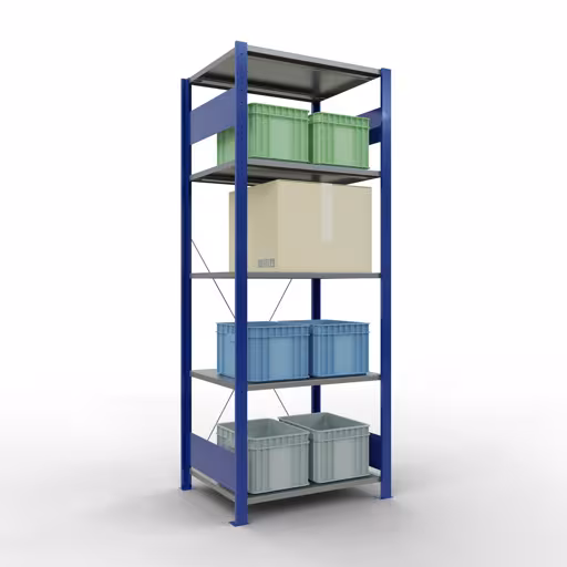 Zusatzbild des Artikels Grundregal, Fachbodenregal Stecksystem MULTIplus150, 2000 x 750 x 600 mm (HxBxT), 5 Fachböden, Kreuzstrebe, RAL 5010 enzianblau/verzinkt/verzinkt aus Grundregal