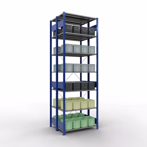 Zusatzbild des Artikels Grundregal, Doppelregal, Fachbodenregal Stecksystem MULTIplus150, 3000 x 1000 x (2x800) mm (HxBxT), 2x7 Fachböden, Kreuzstrebe, RAL 5010 enzianblau Zusatzbild des Artikels Grundregal, Doppelregal, Fachbodenregal Stecksystem MULTIplus150, 3000 x 1000 x (2x800) mm (HxBxT), 2x7 Fachböden, Kreuzstrebe, RAL 5010 enzianblau aus Doppelregale