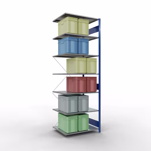 Anbauregal, Fachbodenregal Stecksystem MULTIplus150, 3000 x 1000 x 800 mm (HxBxT), 7 Fachböden, Kreuzstrebe, RAL 5010/verzinkt von der Marke Schulte Lagertechnik aus der Produktreihe Stecksystem