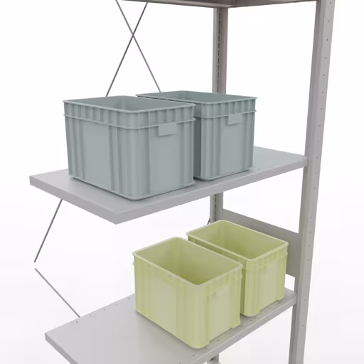 Andere Ansicht des Artikels Anbauregal, Fachbodenregal Stecksystem MULTIplus150, 3000 x 750 x 400 mm (HxBxT), 7 Fachböden, Kreuzstrebe, RAL 7035 lichtgrau aus der Kategorie Stecksystem