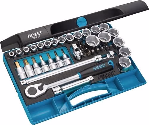 Set di chiavi a bussola Hazet 954N da 44 pezzi, 1/2 pollice, 10-32 mm, 90 denti, 6 punte Set di 44 chiavi a bussola 954N, 1/2 pollice, 10-32 mm, 90 denti, 6 punte, colore HAZET, della categoria assortimento di chiavi a bussola da 1/4", codice articolo 4000822784