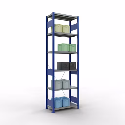 Produktbild Nr 13 des Artikels Grundregal, Fachbodenregal Stecksystem MULTIplus250, 2500 x 750 x 400 mm (HxBxT), 6 Fachböden, Kreuzstrebe, RAL 5010 enzianblau/verzinkt/verzinkt Abbildung Nr 13 des Artikels Grundregal, Fachbodenregal Stecksystem MULTIplus250, 2500 x 750 x 400 mm (HxBxT), 6 Fachböden, Kreuzstrebe, RAL 5010 enzianblau/verzinkt/verzinkt aus der Produktgruppe Stecksystem von der Marke Schulte Lagertechnik