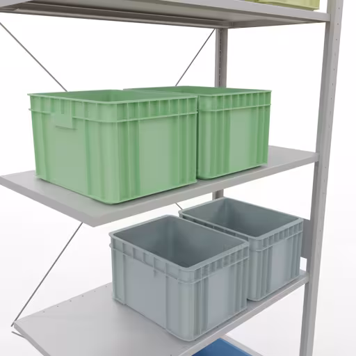 Andere Ansicht des Artikels Anbauregal, Eckregal (Feld C) 3000 x 1000 x 500, 7 Fachböden, Kreuzstrebe, RAL 7035 lichtgrau Andere Ansicht des Artikels Anbauregal, Eckregal (Feld C) 3000 x 1000 x 500, 7 Fachböden, Kreuzstrebe, RAL 7035 lichtgrau aus der Kategorie Fachbodenregale