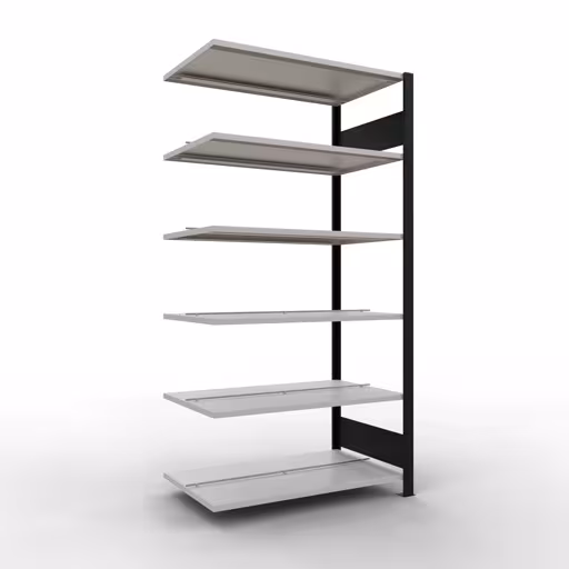 Anbauregal, Büro-Fachbodenregal Stecksystem MULTIplus150, 2000 x 1000 x 600 mm (HxBxT), 6 Fachböden, Längenriegel, mit Mittelanschlag, schwarz/lichtgrau aus der Kategorie Stecksystem mit der Artikelnummer 36046-S
