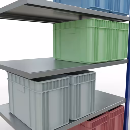 Zusatzbild des Artikels Anbauregal, Fachbodenregal Stecksystem MULTIplus250, 2000 x 1300 x 800 mm (HxBxT), 5 Fachböden, Längenriegel, RAL 5010 enzianblau/verzinkt aus Anbauregal
