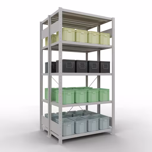 Produktbild Nr.6 des Artikels Grundregal, Doppelregal, Fachbodenregal Stecksystem MULTIplus250, 2000 x 1000 x (2x400) mm (HxBxT), 2x5 Fachböden, Kreuzstrebe, RAL 7035 lichtgrau aus der Produktreihe Fachbodenregale von der Marke Schulte Lagertechnik