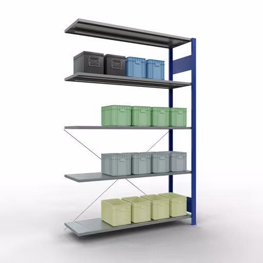 Andere Ansicht des Artikels Anbauregal, Fachbodenregal Stecksystem MULTIplus150, 2000 x 1300 x 400 mm (HxBxT), 5 Fachböden, Kreuzstrebe, RAL 5010 enzianblau/verzinkt Andere Ansicht des Artikels Anbauregal, Fachbodenregal Stecksystem MULTIplus150, 2000 x 1300 x 400 mm (HxBxT), 5 Fachböden, Kreuzstrebe, RAL 5010 enzianblau/verzinkt aus der Kategorie Stecksystem