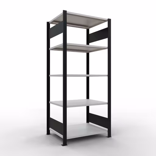 Grundregal, Büro-Fachbodenregal Stecksystem MULTIplus150, 1800 x 750 x 600 mm (HxBxT), 5 Fachböden, Längenriegel, ohne Mittelanschlag, schwarz/lichtgrau aus der Kategorie Stecksystem mit der Artikelnummer 36054-S