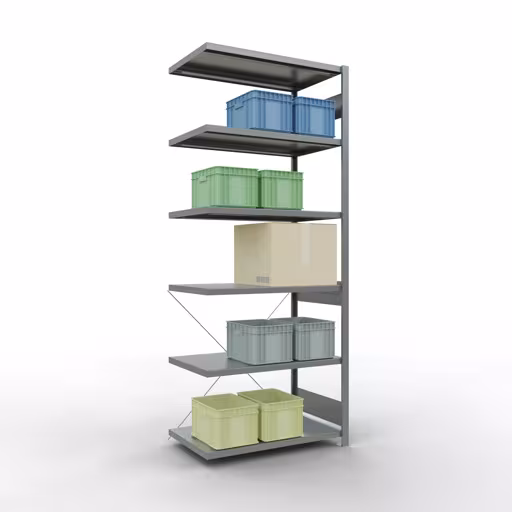 Anbauregal, Fachbodenregal Stecksystem MULTIplus250, 2500 x 1000 x 600 mm (HxBxT), 6 Fachböden, Kreuzstrebe, verzinkt aus der Kategorie Anbauregal mit der GTIN 4004514203021 Anbauregal, Fachbodenregal Stecksystem MULTIplus250, 2500 x 1000 x 600 mm (HxBxT), 6 Fachböden, Kreuzstrebe, verzinkt von der Marke Schulte Lagertechnik aus der Produktreihe Stecksystem