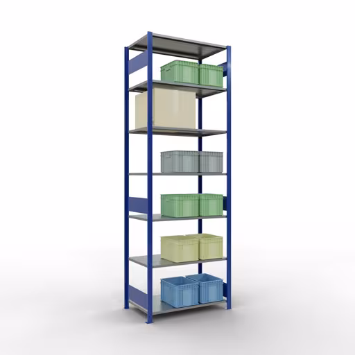 Grundregal, Fachbodenregal Stecksystem MULTIplus150, 3000 x 1000 x 600 mm (HxBxT), 7 Fachböden, Längenriegel, RAL 5010 enzianblau/verzinkt mit der Artikelnr. 12762-LR-B Grundregal, Fachbodenregal Stecksystem MULTIplus150, 3000 x 1000 x 600 mm (HxBxT), 7 Fachböden, Längenriegel, RAL 5010 enzianblau/verzinkt von Schulte Lagertechnik aus der Kategorie Stecksystem