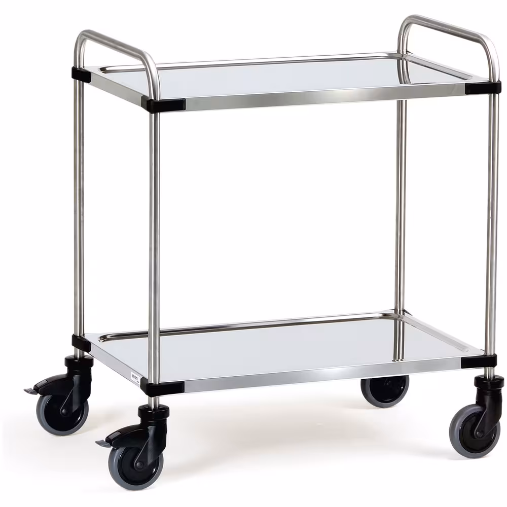 Edelstahlwagen 2 Etagen Edelstahlwagen mit Rohrschiebebügeln aus Chrom-Nickel-Stahl und 2 tiefgezogenen Böden aus Chrom-Stahl mit umlaufendem Rand aus der Kategorie Wagen