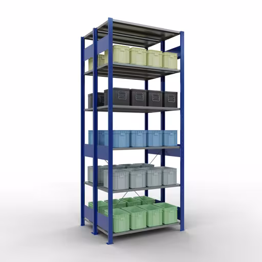 Produktbild Nr.6 des Artikels Grundregal, Doppelregal, Fachbodenregal Stecksystem MULTIplus150, 2500 x 1000 x (2x400) mm (HxBxT), 2x6 Fachböden, Kreuzstrebe, RAL 5010 enzianblau aus der Produktreihe Fachbodenregale von der Marke Schulte Lagertechnik