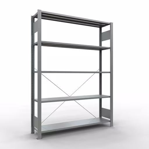 Grundregal, Büro-Fachbodenregal Stecksystem MULTIplus85, 1800 x 1300 x 300 mm (HxBxT), 5 Fachböden, Kreuzstrebe, verzinkt, ohne Anschlagleiste aus der Kategorie Stecksystem mit der Artikelnummer 17720