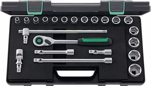 Set di 22 bussole 52/16/6QR, 1/2 pollice, 10-32 mm, 80 denti, 6 punte, di Stahlwille Set di 22 bussole da 1/2 pollice 52/16/6QR, attacco 10-32 mm, 80 denti, 6 punte, STAHLWILLE, dalla categoria set di bussole da 1/4", codice articolo 4000826444
