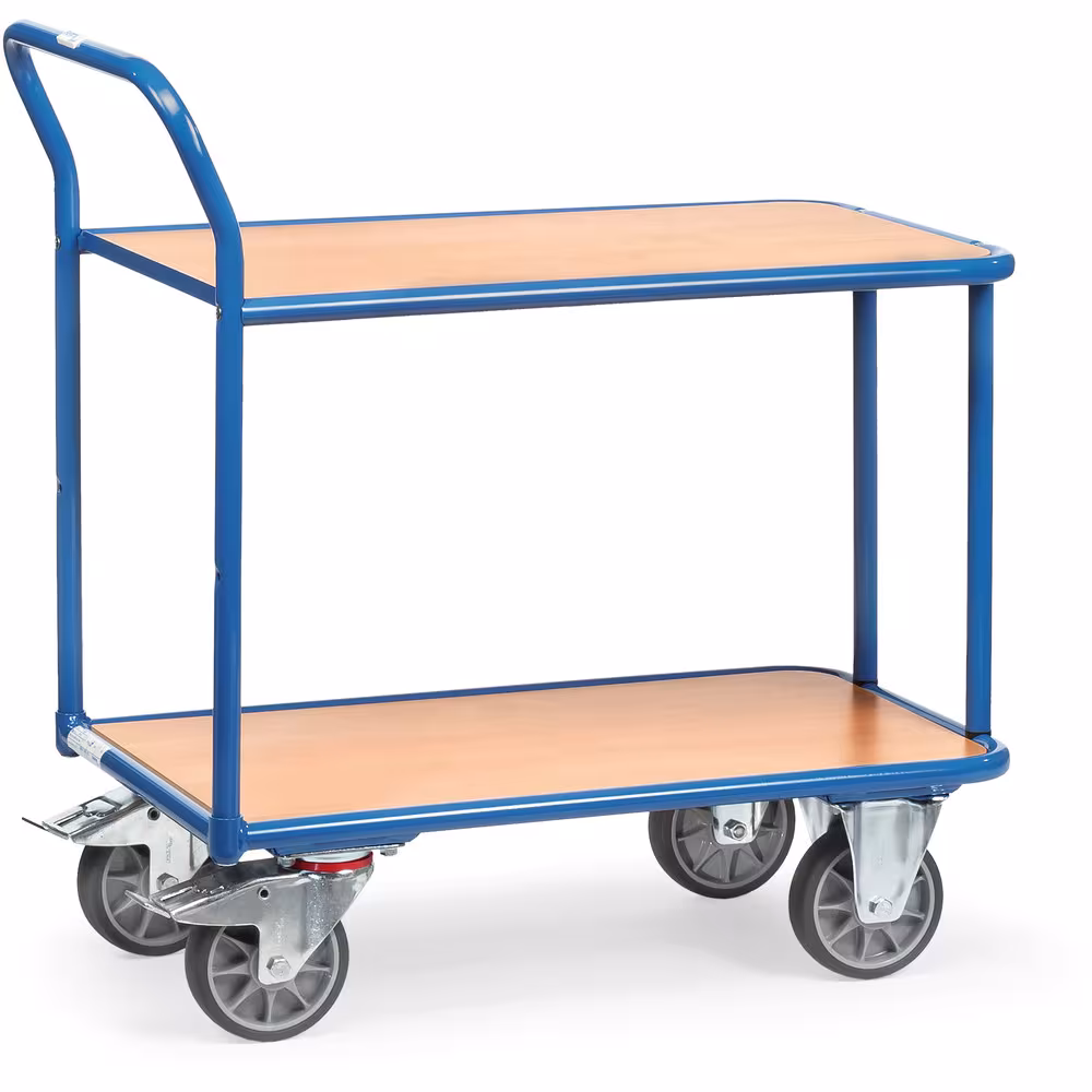 Tischwagen 400 kg 2 Etagen aus Profilstahl-/Stahlrohr-Schweißkonstruktion, pulverbeschichtet, brillantblau RAL 5007, 2 Böden aus Holzwerkstoffplatte aus der Kategorie Tischwagen