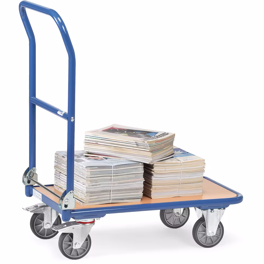 Klappwagen 1154 Breite 600 mm, Länge 900 mm aus der Kategorie Klappwagen mit der GTIN 4017976011547 Klappwagen aus Stahlrohr, pulverbeschichtet brillantblau RAL 5007, Ladefläche aus Holzwerkstoffplatte von der Marke Fetra aus der Kategorie Klappwagen