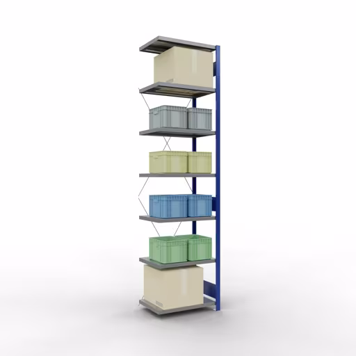 Anbauregal, Fachbodenregal Stecksystem MULTIplus250, 3000 x 750 x 500 mm (HxBxT), 7 Fachböden, Kreuzstrebe, RAL 5010 enzianblau/verzinkt/verzinkt von Schulte Lagertechnik mit der Artikelnr. 12957-75-B