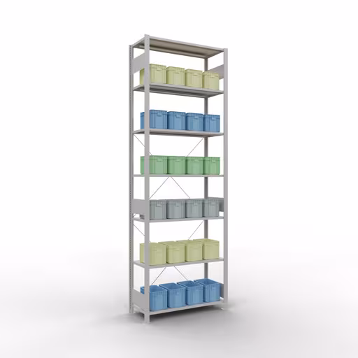 Produktbild Nr 13 des Artikels Grundregal, Fachbodenregal Stecksystem MULTIplus150, 3000 x 1000 x 400 mm (HxBxT), 7 Fachböden, Kreuzstrebe, RAL 7035 lichtgrau Abbildung Nr 13 des Artikels Grundregal, Fachbodenregal Stecksystem MULTIplus150, 3000 x 1000 x 400 mm (HxBxT), 7 Fachböden, Kreuzstrebe, RAL 7035 lichtgrau aus der Produktgruppe Stecksystem von der Marke Schulte Lagertechnik